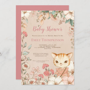 Vintage Cute Cat Flowers Leaves Girl Baby Shower Invitation