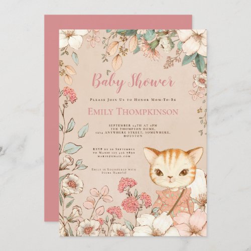 Vintage Cute Cat Flowers Leaves Girl Baby Shower Invitation