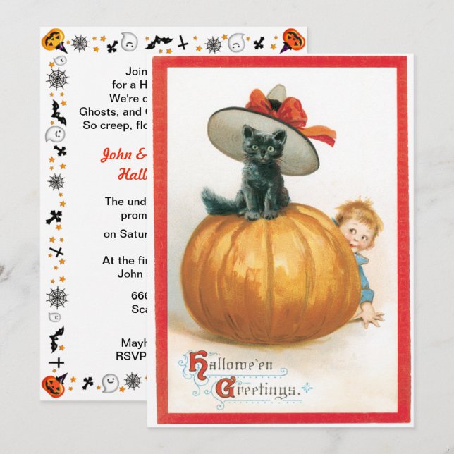 Vintage Cute Cat In A Hat Halloween Invitation (Front/Back)