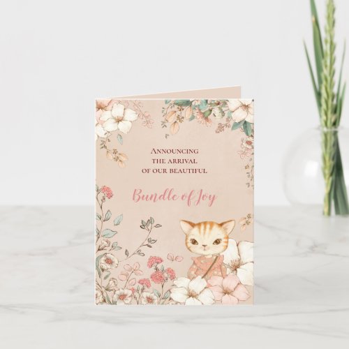 Vintage Cute Cat Photo Florals Girl Birth Announcement