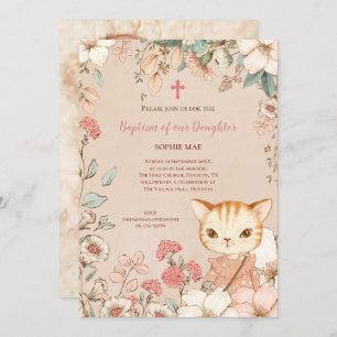Vintage Cute Cat Photo Flowers Baby Girl Baptism Invitation