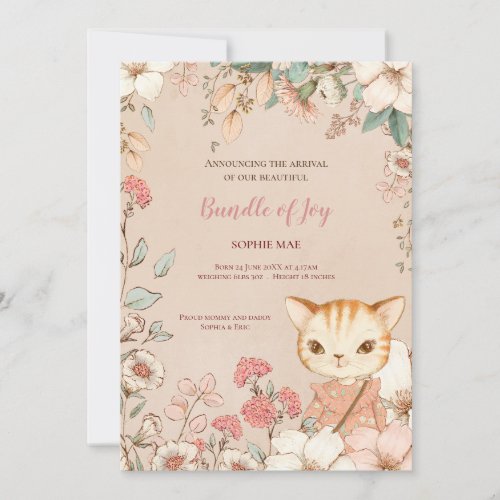 Vintage Cute Cat Photo Flowers Baby Girl Birth Announcement