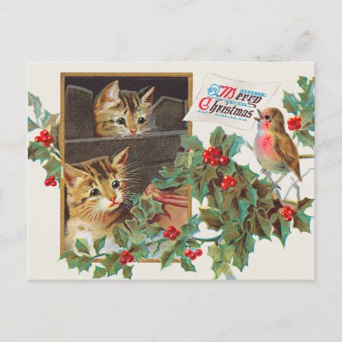 Vintage Cute Cats and Bird Merry Christmas Holiday