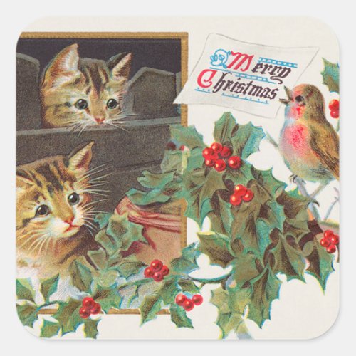Vintage Cute Cats and Bird Merry Christmas Holiday Square Sticker