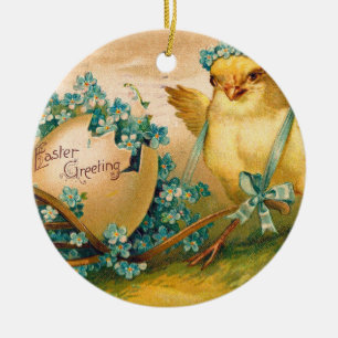 Vintage Cute Chicken with Easter Egg Carriage Ceramic Ornament