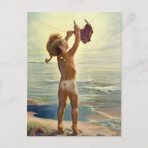 Vintage Cute Child Hanging Laundry at the Beach Postcard