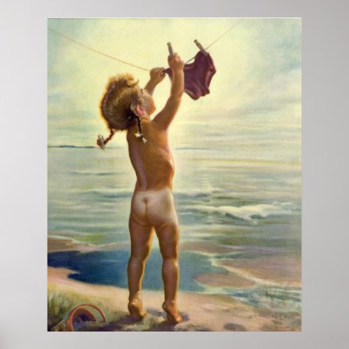 Vintage Cute Child Hanging Laundry at the Beach Poster