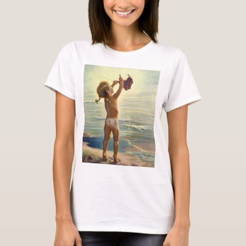 Vintage Cute Child Hanging Laundry at the Beach T_Shirt