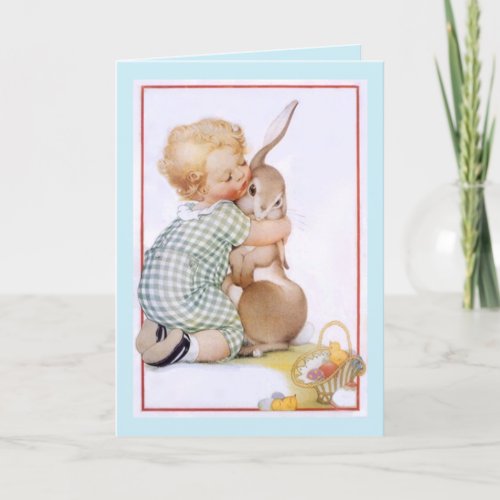 Vintage Cute Child tot  Bunny Rabbit Hugs Card