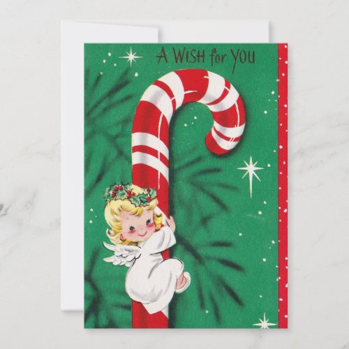 Vintage Cute Christmas Baby Angel On A Candy Cane Holiday Card