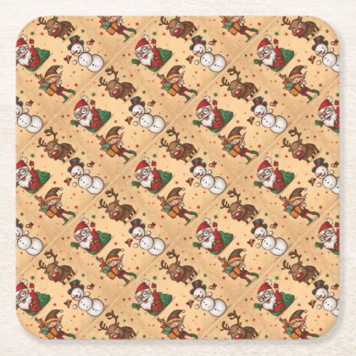 Vintage Cute Christmas Pattern Square Paper Coaster