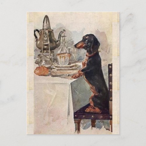 Vintage Cute Dachshund Drinking Tea Postcard