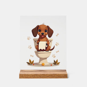 Vintage Cute Dachshund on Toilet Cartoon Bathroom Acrylic Sign