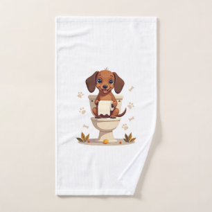 Vintage Cute Dachshund on Toilet Cartoon Bathroom Hand Towel
