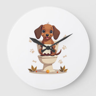 Vintage Cute Dachshund on Toilet Cartoon Bathroom Large Clock