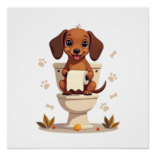 Vintage Cute Dachshund on Toilet Cartoon Bathroom  Poster