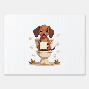 Vintage Cute Dachshund on Toilet Cartoon Bathroom  Sign