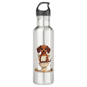 Vintage Cute Dachshund on Toilet Cartoon Bathroom  Stainless Steel Water Bottle