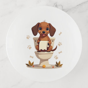 Vintage Cute Dachshund on Toilet Cartoon Bathroom Trinket Tray