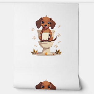 Vintage Cute Dachshund on Toilet Cartoon Bathroom Wallpaper