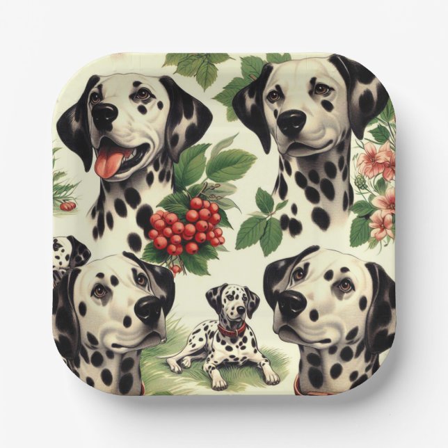 Vintage Cute Dalmatian Illustration Paper Plates (Front)