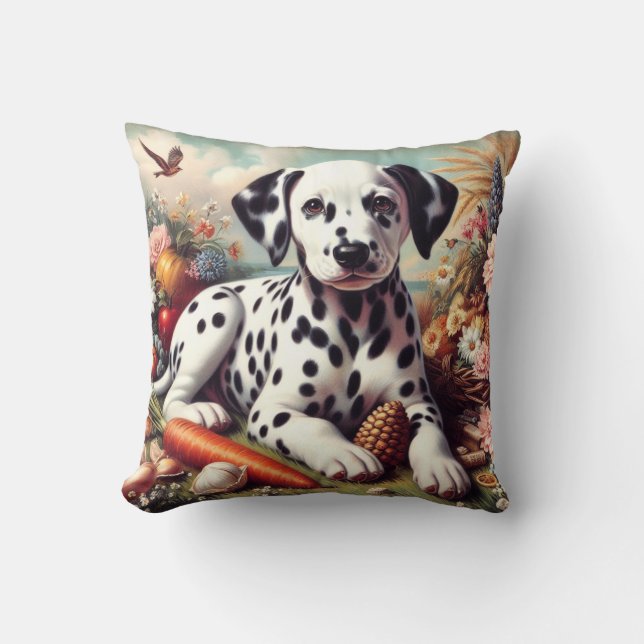 Vintage Cute Dalmatian Painting Throw Pillow (Front)