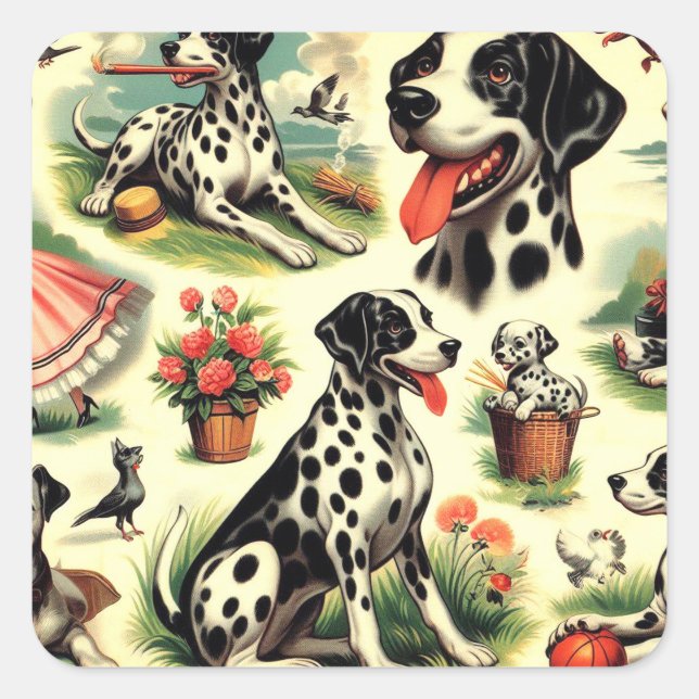Vintage Cute Dalmatian Seamless Square Sticker (Front)