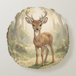 Vintage cute deer in the forest round pillow