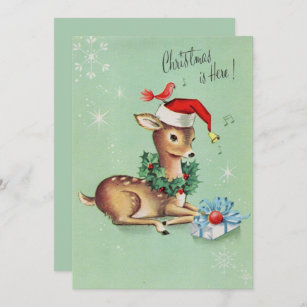 Vintage Cute Deer with Santa Hat Christmas  Holiday Card