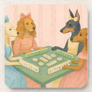 Vintage Cute Dogs Playing Mahjong Beverage Coaster