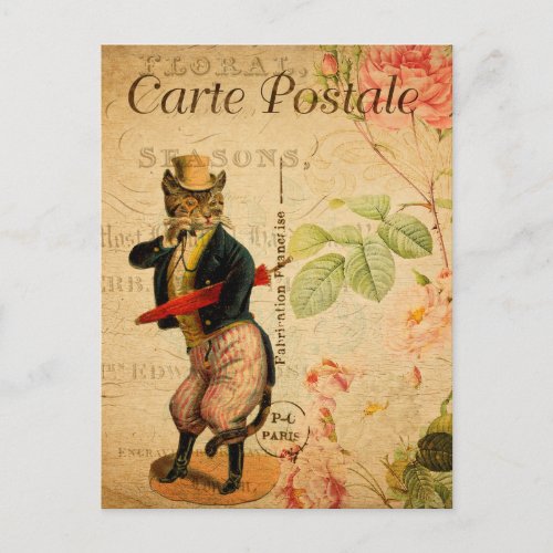 Vintage Cute Dressed Cat with Hat and Umbrella Postcard