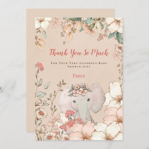Vintage Cute Elephant Botanical Peach Baby Shower Thank You Card