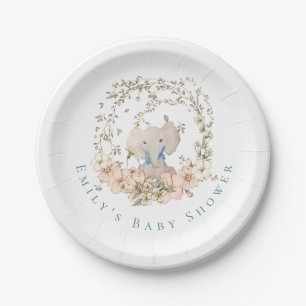 Vintage Cute Elephant Florals Boy Baby Shower Paper Plates