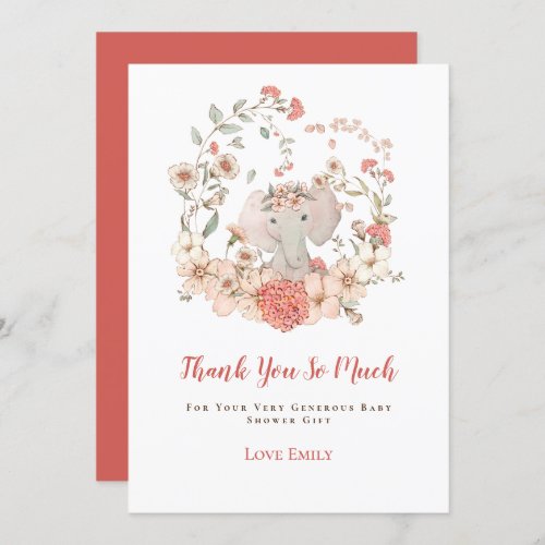 Vintage Cute Elephant Florals Girl Baby Shower Thank You Card