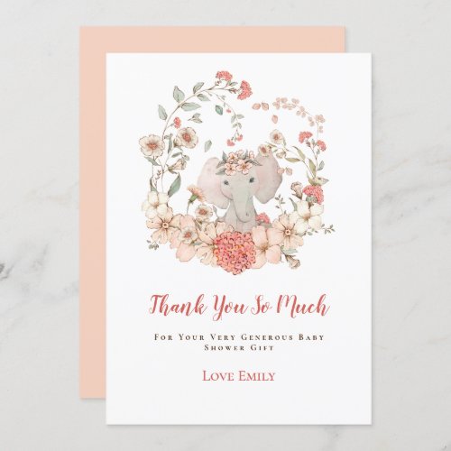 Vintage Cute Elephant Florals Peach Baby Shower Thank You Card