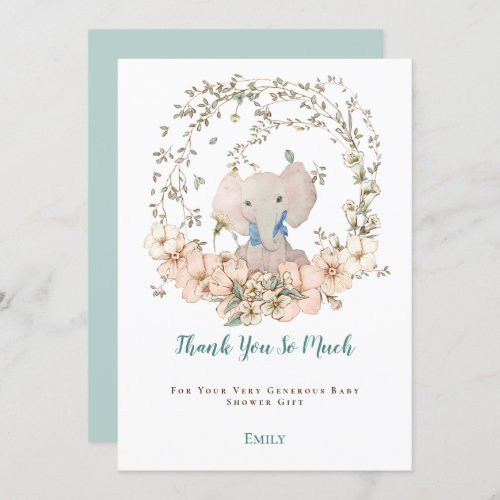 Vintage Cute Elephant Foliage Boy Baby Shower Thank You Card