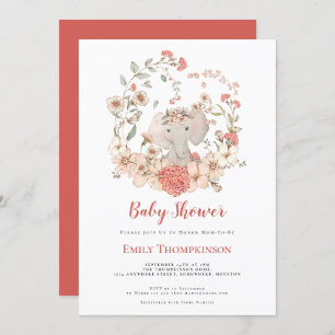 Vintage Cute Elephant Foliage Coral Baby Shower Invitation