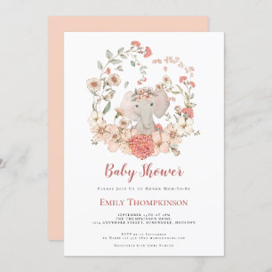 Vintage Cute Elephant Foliage Peach Baby Shower Invitation