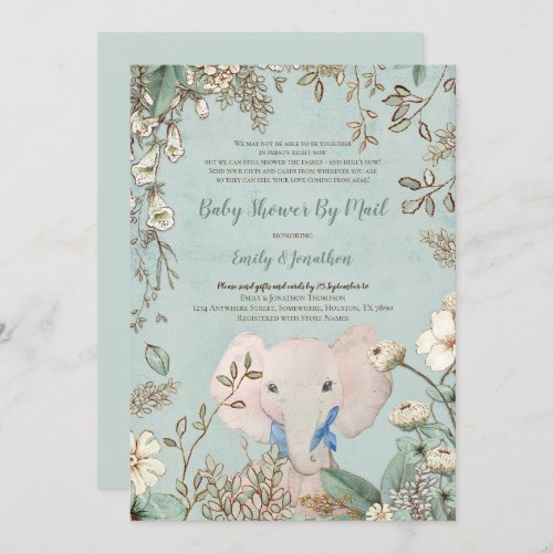 Vintage Cute Elephant Green Baby Shower by Mail Invitation