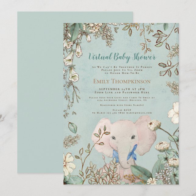 Vintage Cute Elephant Green Virtual Baby Shower Invitation (Front/Back)