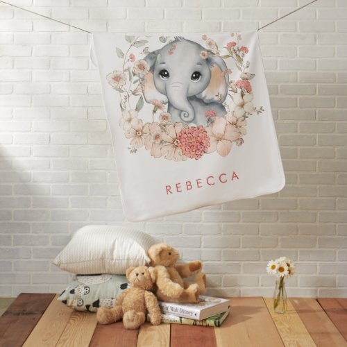 Vintage Cute Elephant Jungle Foliage Girl Baby Blanket