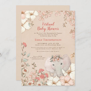Vintage Cute Elephant Peach Virtual Baby Shower Invitation