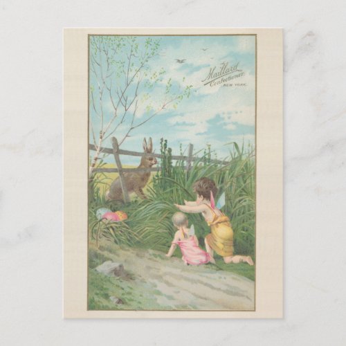 Vintage cute fairy boys easter bunny egg holiday postcard