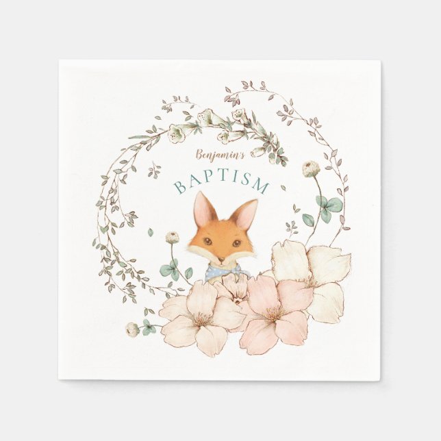 Vintage Cute Fox Botanical Boy Baptism Napkins (Front)