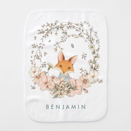 Vintage Cute Fox Botanical Leaves Baby Boy Baby Burp Cloth