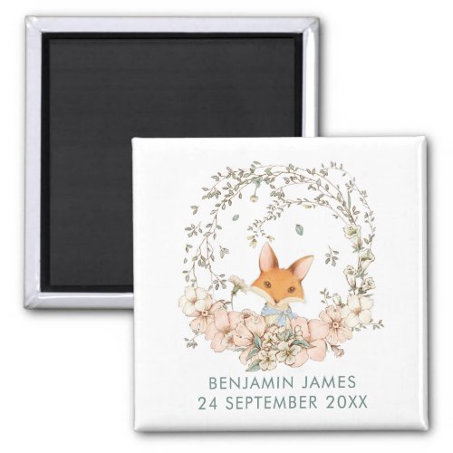 Vintage Cute Fox Botanicals Name Date Birth Boy Magnet