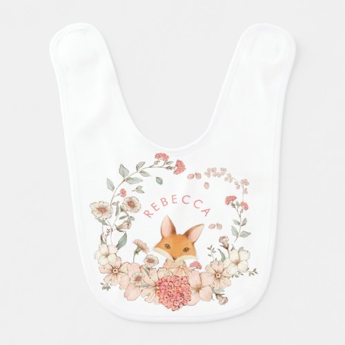 Vintage Cute Fox Floral Botanical Baby Girl White Baby Bib