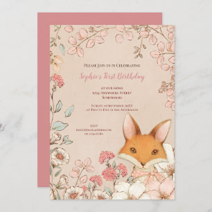 Vintage Cute Fox Floral Leaves 1st Birthday Girl Invitation