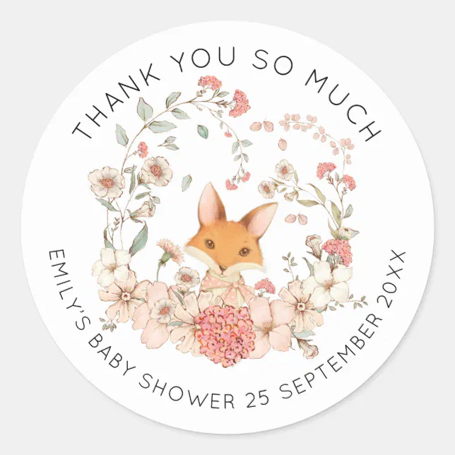 Vintage Cute Fox Floral Thank You Baby Shower Classic Round Sticker ...
