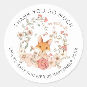Vintage Cute Fox Floral Thank You Baby Shower Classic Round Sticker